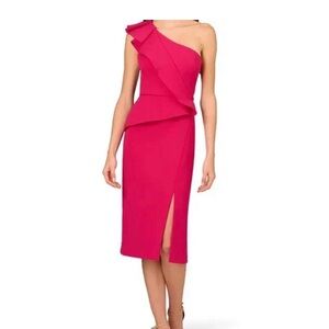 Aidan Mattox One-Shoulder Ruffle Midi Dress in Fuchsia